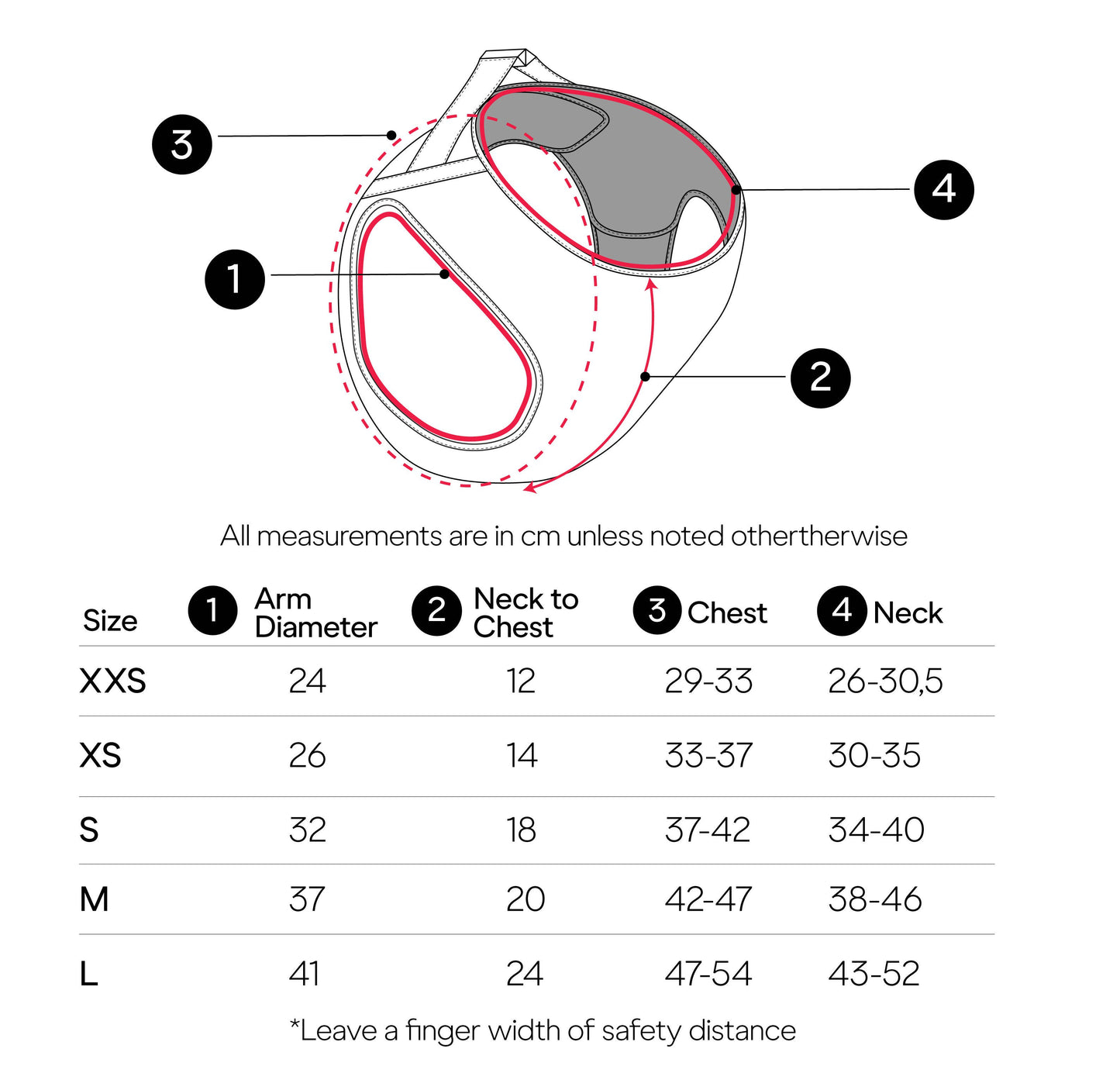 Jala vegan leather dog harness sizing guide with chest and neck measurements for selecting the correct fit