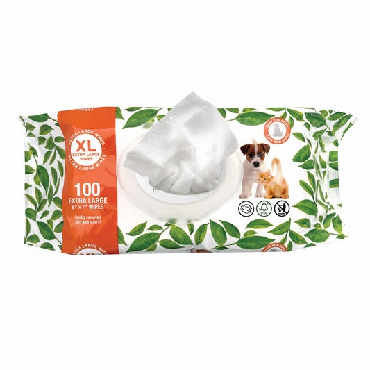 Extra-large fragrance-free pet grooming wipe partially dispensed from XL package