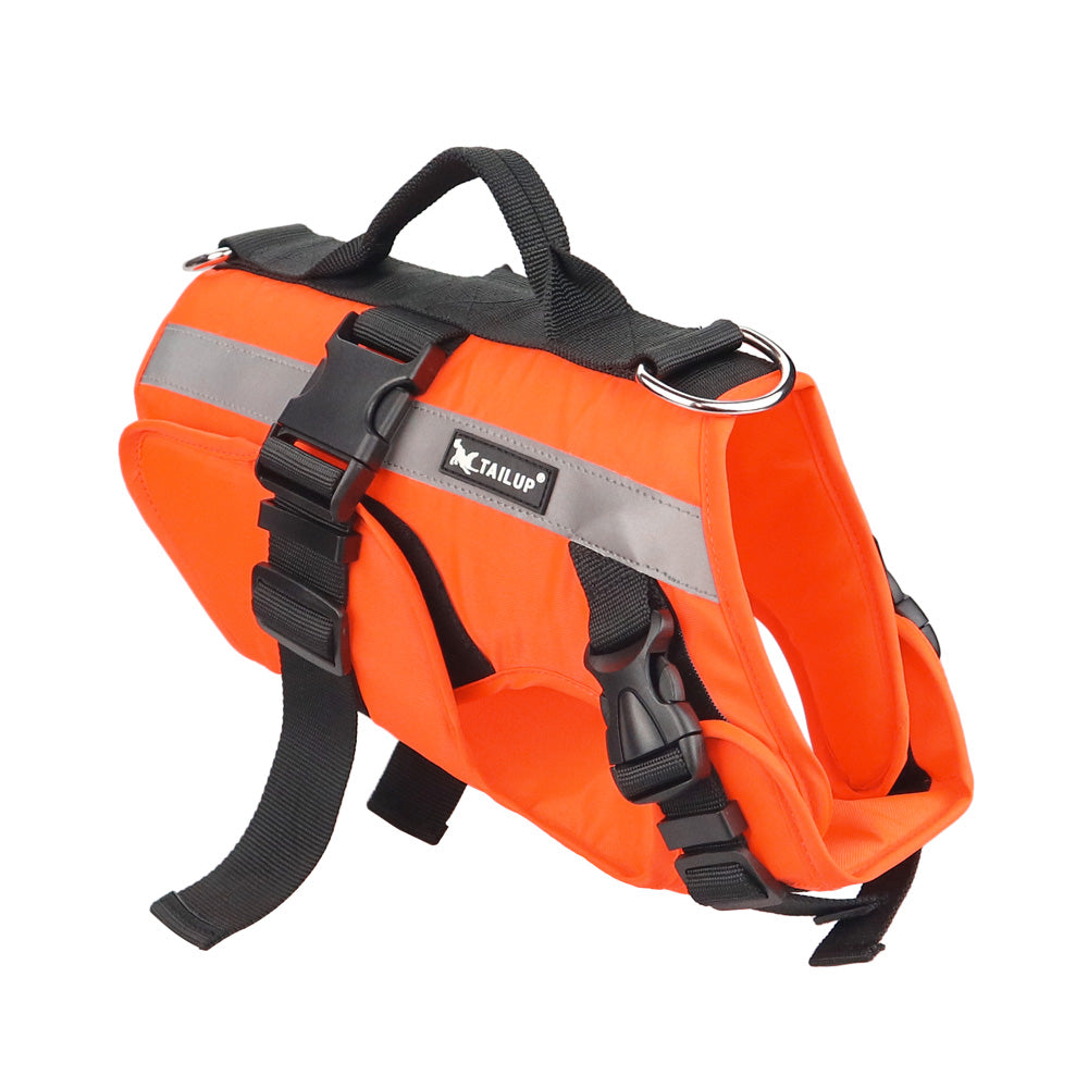 Angled View of Reflective Orange Dog Life Jacket with Secure Buckles