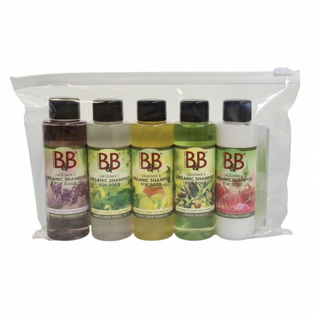 B&B Minibag The 5 Originals five organic dog shampoos packaged in the included clear zip bag