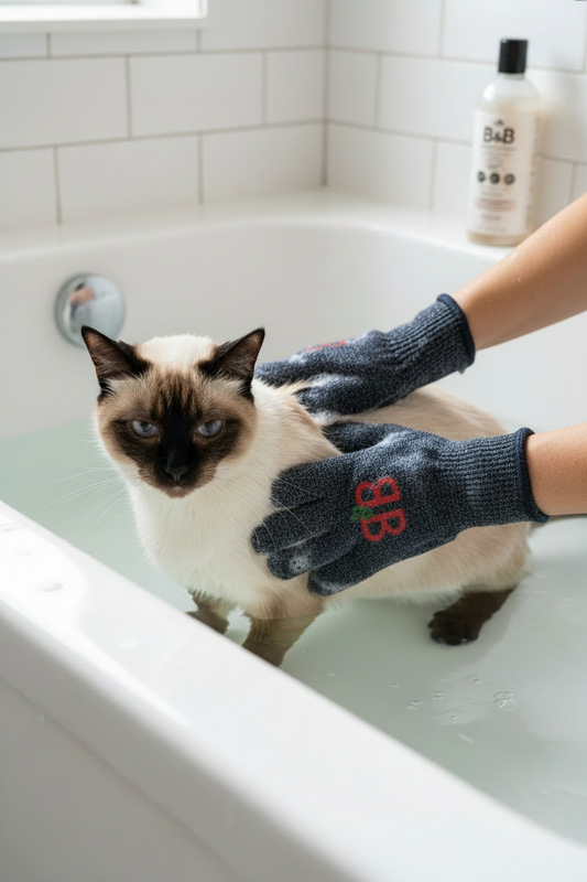 B&B Bamboo Washing Gloves gently washing a cat during bath time