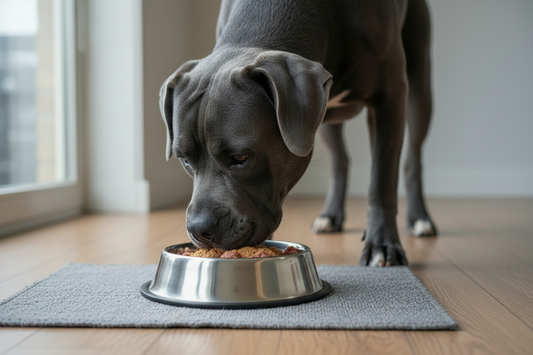 Dog eating kibble topped with Fungus Among Us Max meal topper supplement.