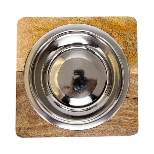 Stainless Steel Dog Bowl with Square Mango Wood Holder | 1 Quart