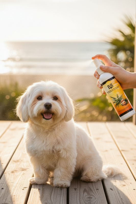 Applying B&B 3-in-1 Sun Protection Leave-In Conditioner to a Havanese before outdoor sun exposure