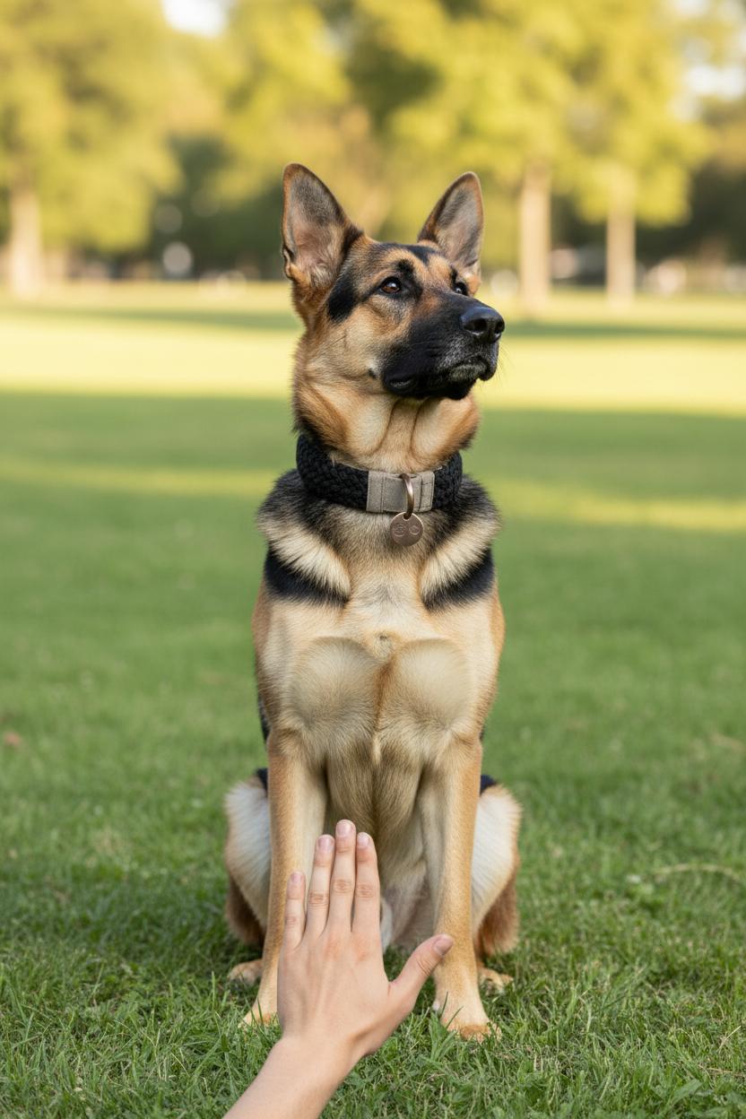 Large dog wearing BetterCollar Onyx Black dog collar outdoors
