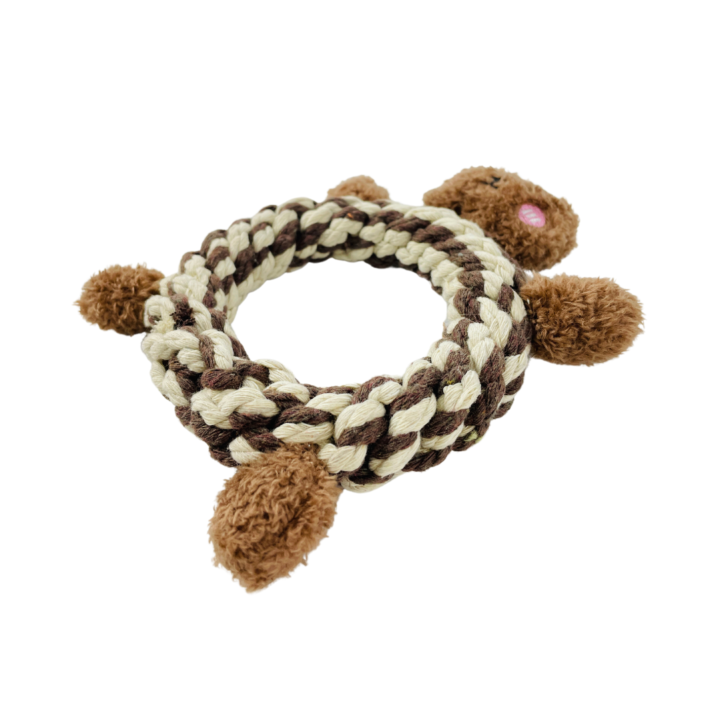 Alternate view of the Eco-Brownie Bear plush macrame dog toy with rope ring.