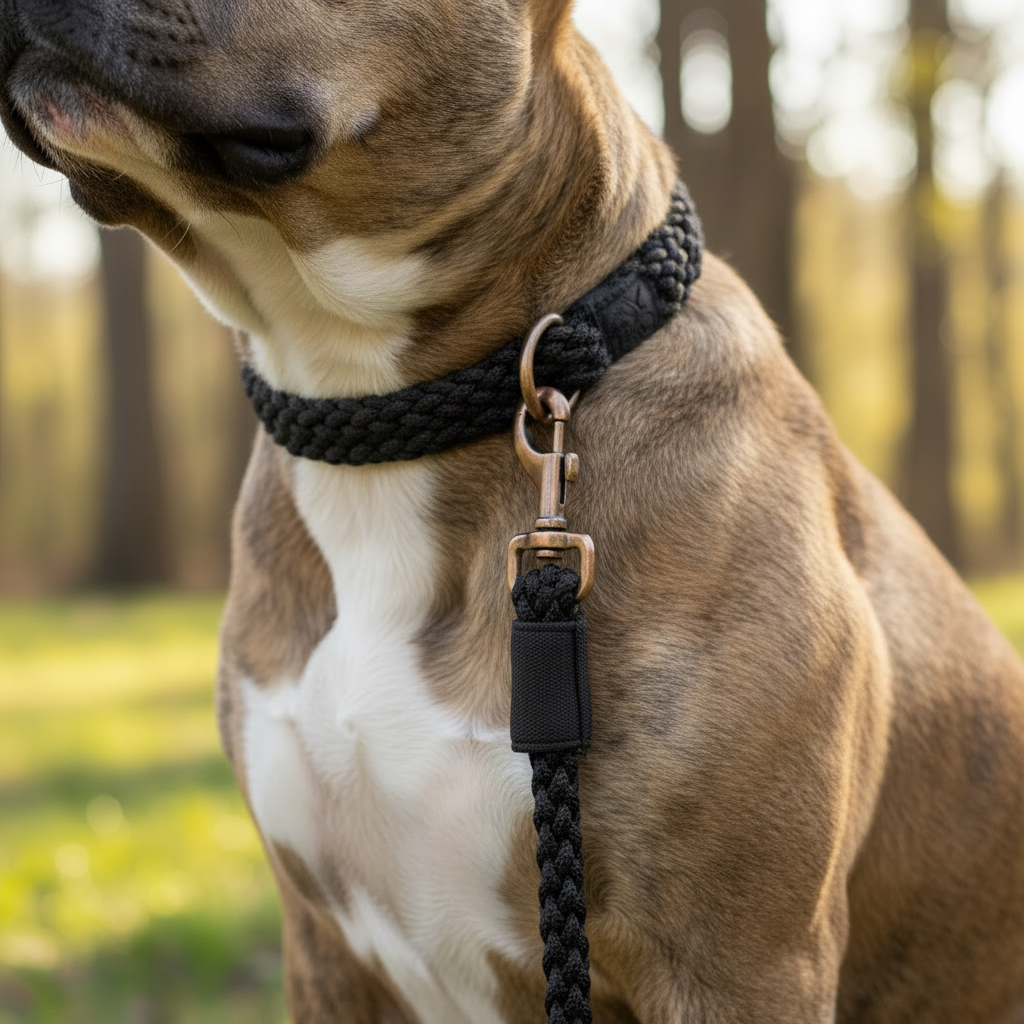 Dog wearing matching BetterCollar and BetterLeash Onyx Black set