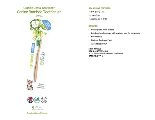 Bamboo toothbrush packaging showing product information and features for small dogs