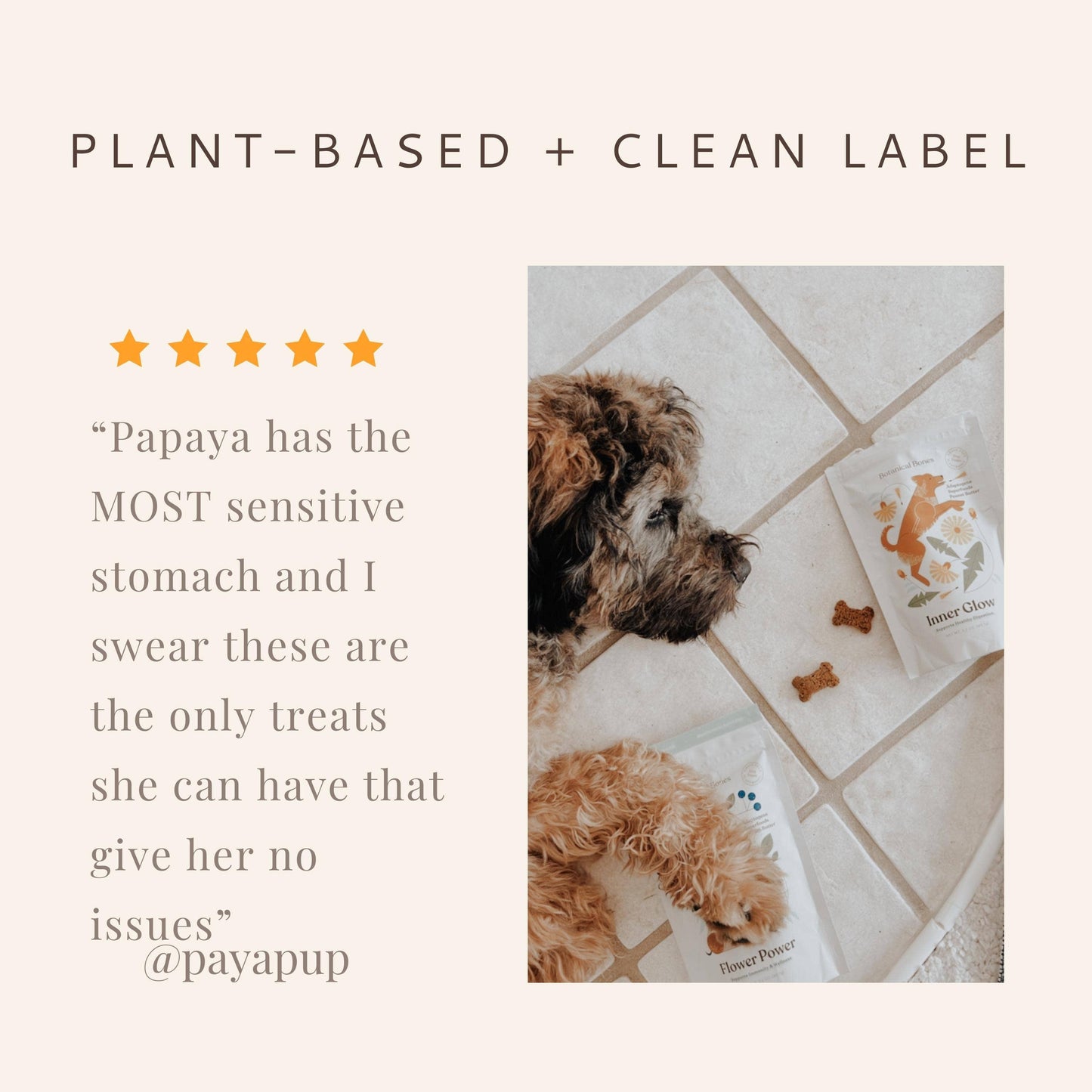 Plant-based clean label Botanical Bones Flower Power dog treats testimonial