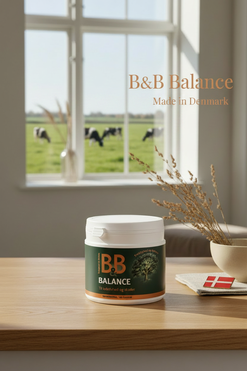 B&B Balance 100 g dog collagen supplement displayed in a natural Danish-inspired setting with cows visible through the window and a Danish flag beside the product