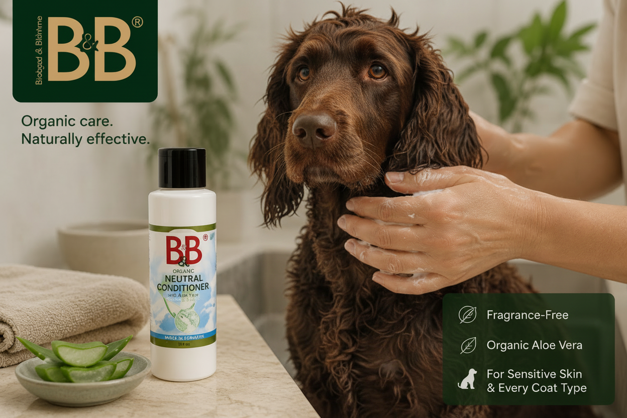 Irish Water Spaniel receiving conditioner during grooming