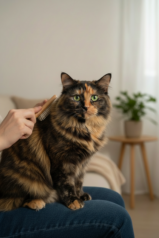 Long-haired tortoiseshell cat being gently brushed during a grooming session