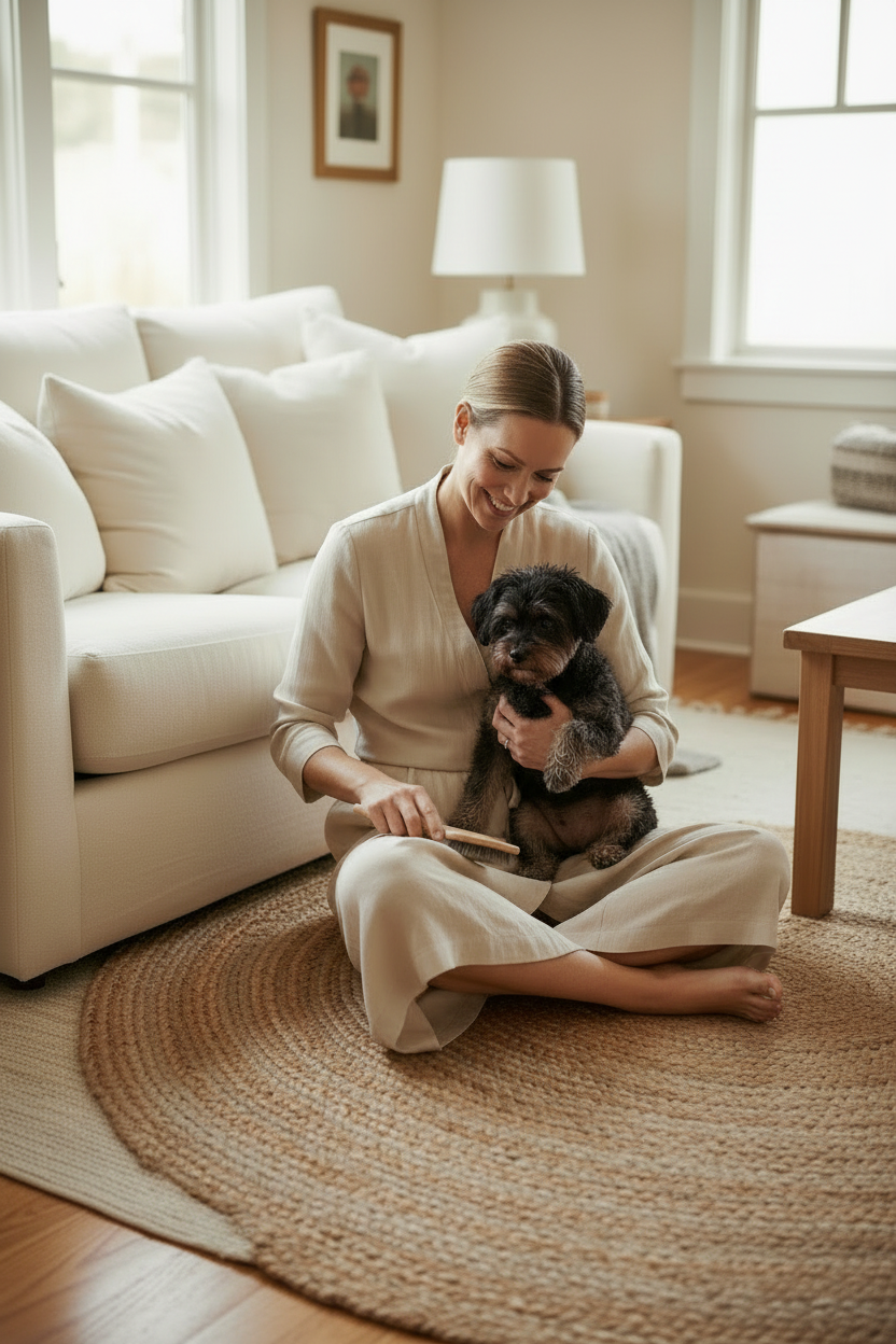 Woman caring for a small dog after grooming in a comfortable home setting
