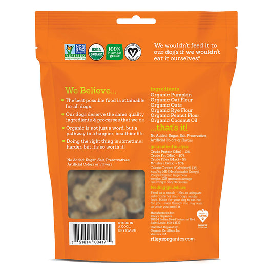 Riley’s Organics Pumpkin & Coconut dog treats package back with ingredients and product information