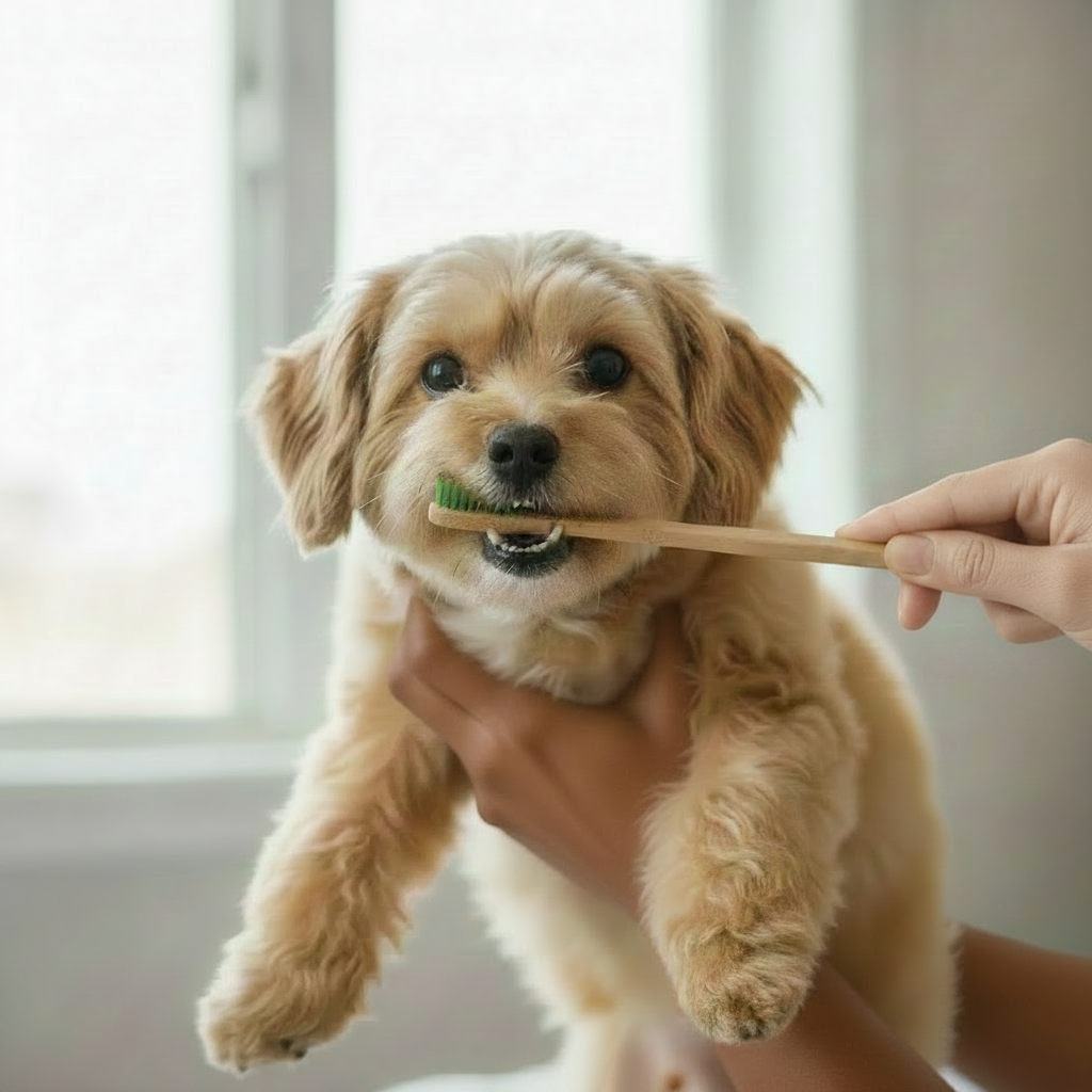 Small dog using a bamboo toothbrush to support healthy teeth and fresh breath
