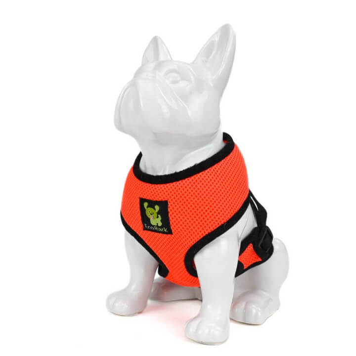 EcoBark Max Comfort Orange Dog Harness front product image with breathable padded mesh and reflective trim