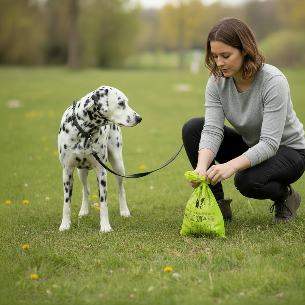 Dog Owner Using Certified Home Compostable Dog Poop Bags During a Walk