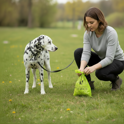 Dog Owner Using Certified Home Compostable Dog Poop Bags During a Walk