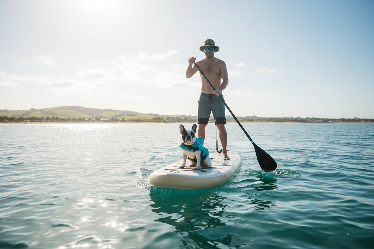     Dog Paddleboarding While Wearing Blue Life Jacket