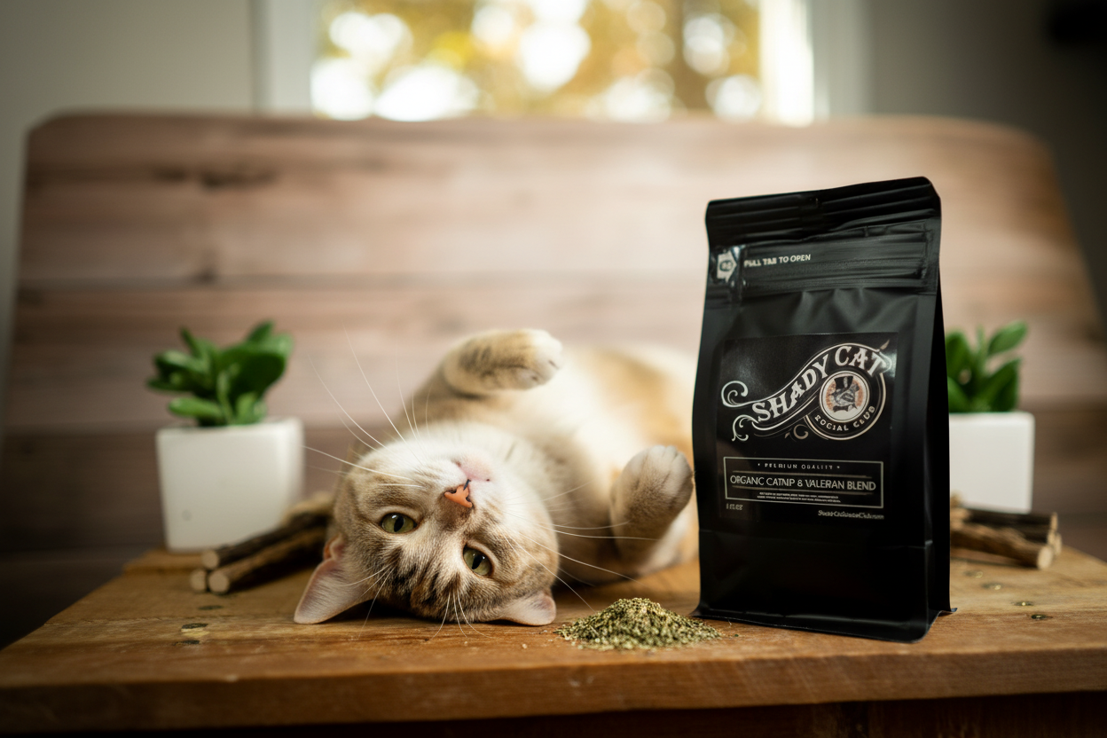 Cat enjoying Organic Catnip & Valerian Blend beside the product bag