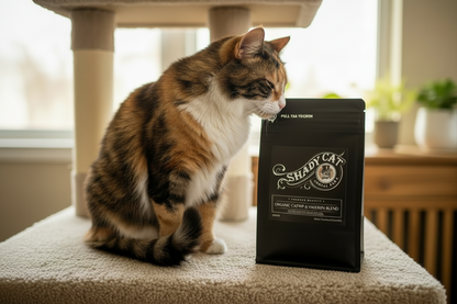 Cat sitting next to Organic Catnip & Valerian Blend bag