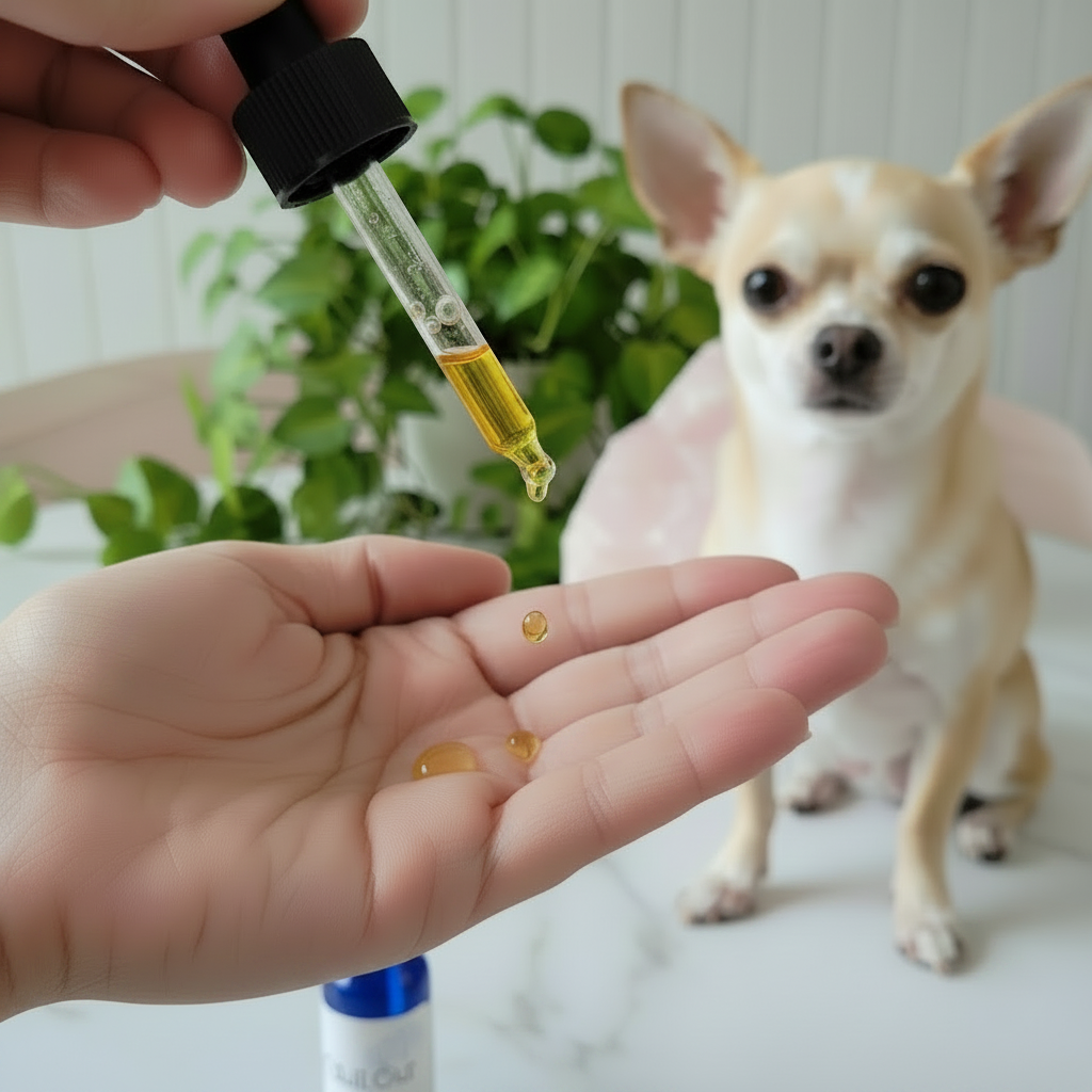 Chill Out Oil dropper being dispensed into a person’s hand near a small dog