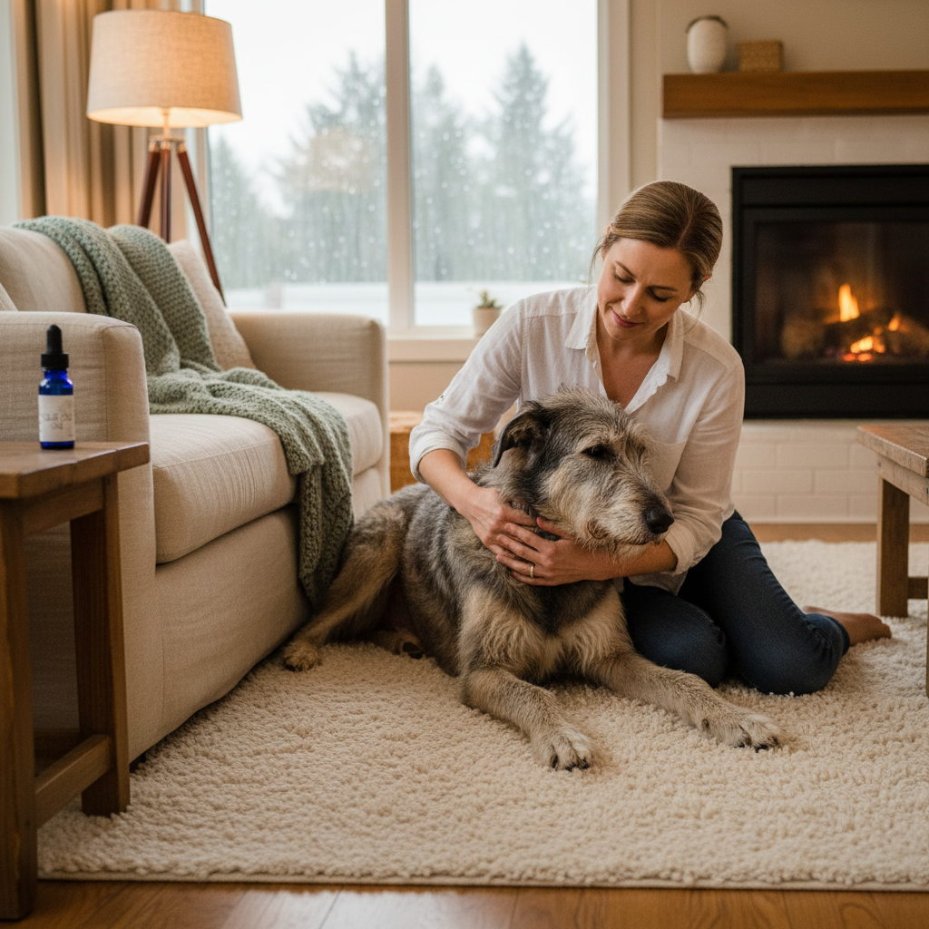 Dog relaxing with its owner at home alongside Chill Out Oil for natural relaxation support
