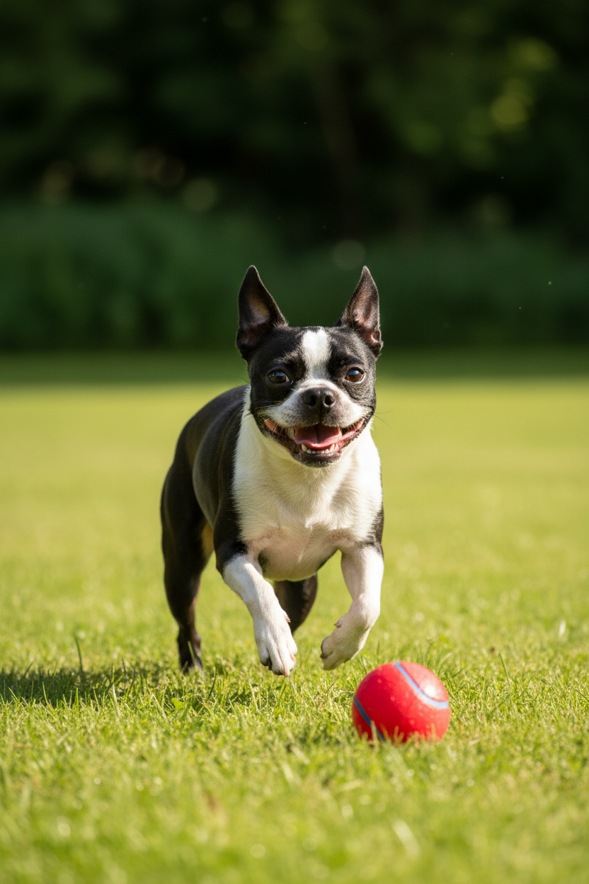 Boston Terrier running outdoors with a healthy-looking coat