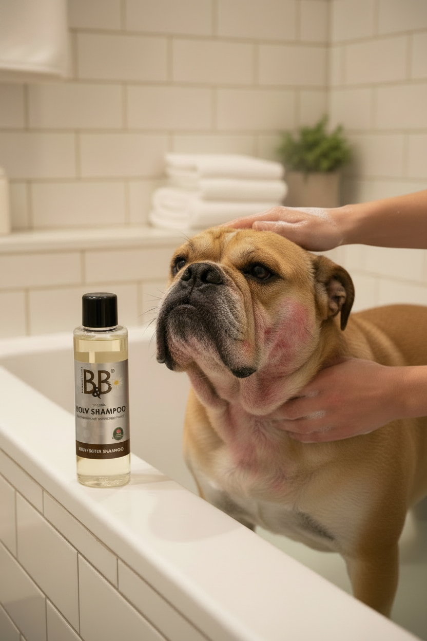 Bulldog being gently shampooed with B&B Organic Silver Shampoo, with visible areas of irritated skin