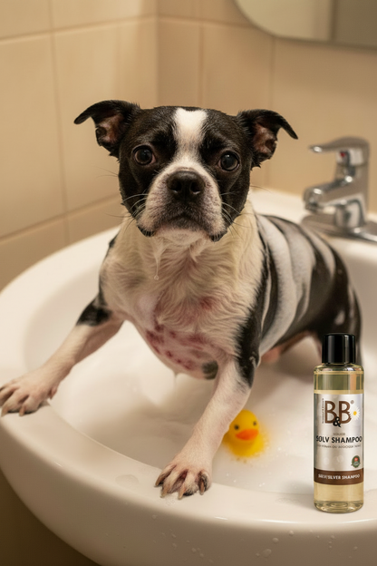 Boston Terrier being bathed with B&B Organic Silver Shampoo, with visible redness and skin irritation