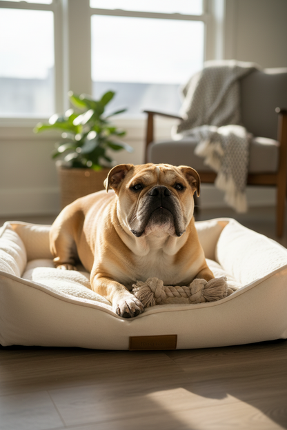 Bulldog relaxing comfortably after grooming with a healthy-looking coat