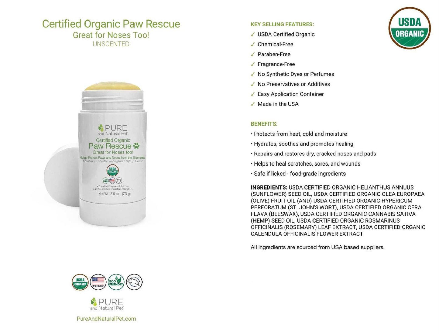 Pure and Natural Pet Paw Rescue product information showing ingredients, benefits, and directions