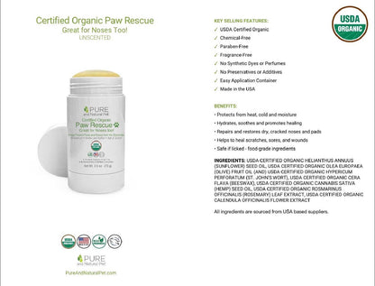 Pure and Natural Pet Paw Rescue product information showing ingredients, benefits, and directions