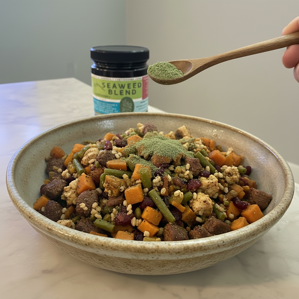 Seaweed Blend being sprinkled over fresh pet food as a natural whole-food nutritional topper.