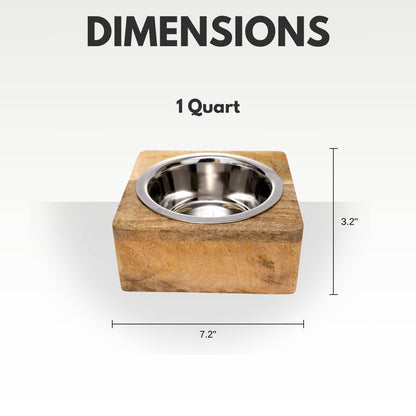Stainless Steel Dog Bowl with Square Mango Wood Holder | 1 Quart