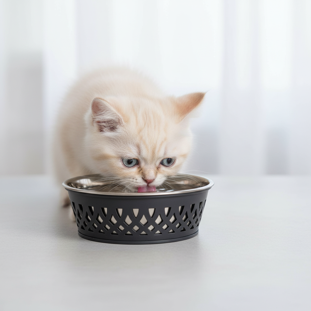 Kitten drinking water from the Eco-Friendly Stainless Steel Farmhouse Dog Bowl in Gray