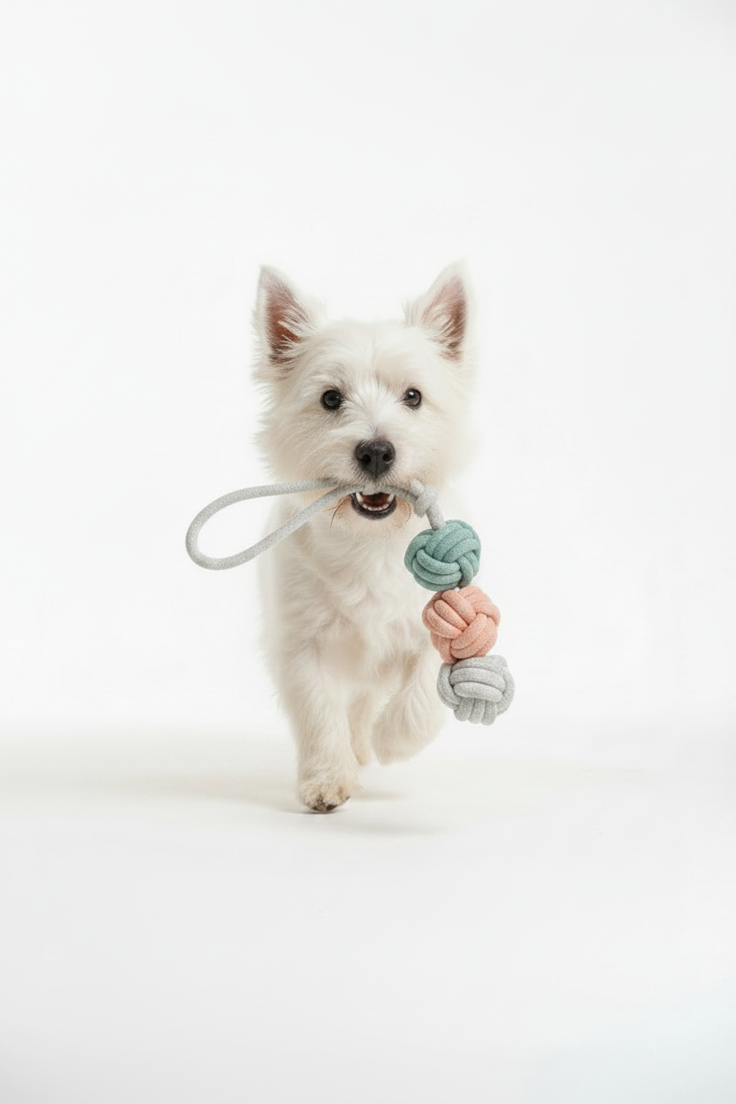 Small white dog carrying Handmade Ice Cream Rope Ball Dog Toy