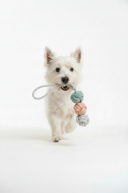 Small white dog carrying Handmade Ice Cream Rope Ball Dog Toy