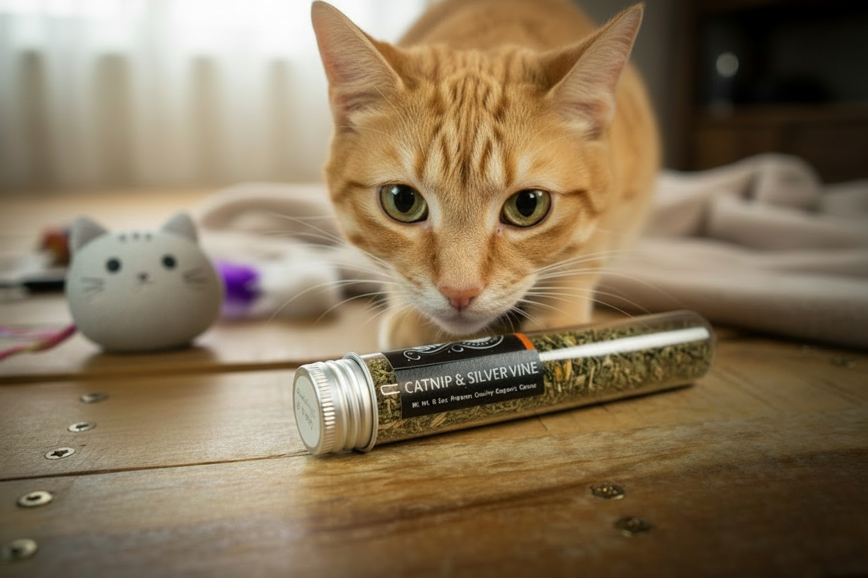 Orange tabby cat sniffing a Shady Cat organic catnip and silver vine blend tube
