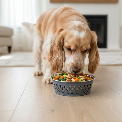 Cocker Spaniel enjoying a meal from the Eco-Friendly Stainless Steel Farmhouse Dog Bowl in Gray