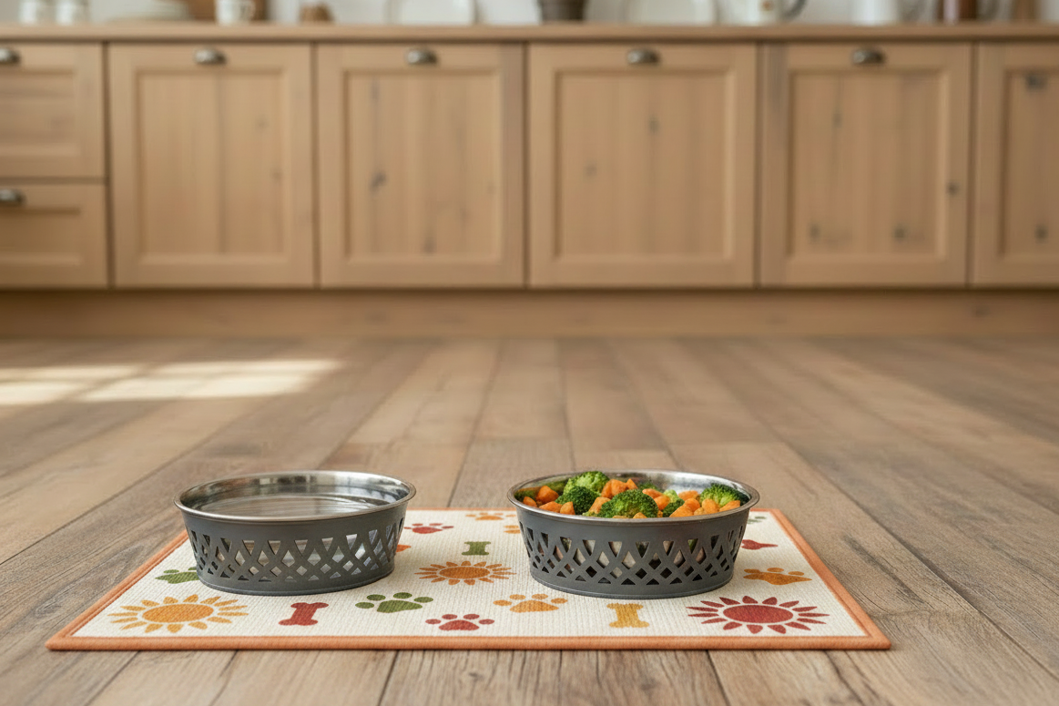 Gray Farmhouse Dog Bowls arranged for food and water in a modern farmhouse kitchen