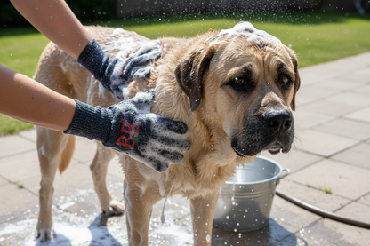 B&B Bamboo Washing Gloves used to lather and wash a large dog outdoors