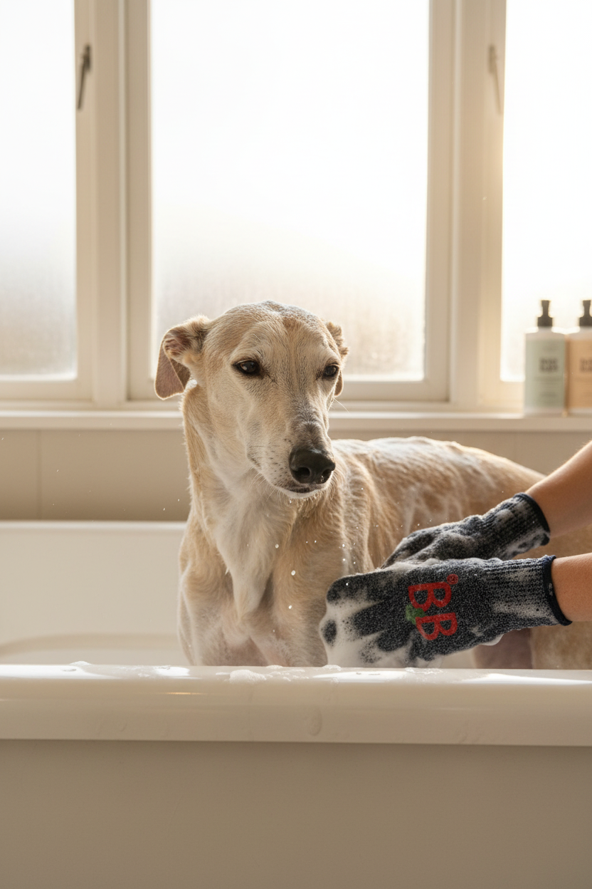 B&B Bamboo Washing Gloves used to wash a dog in a bathtub