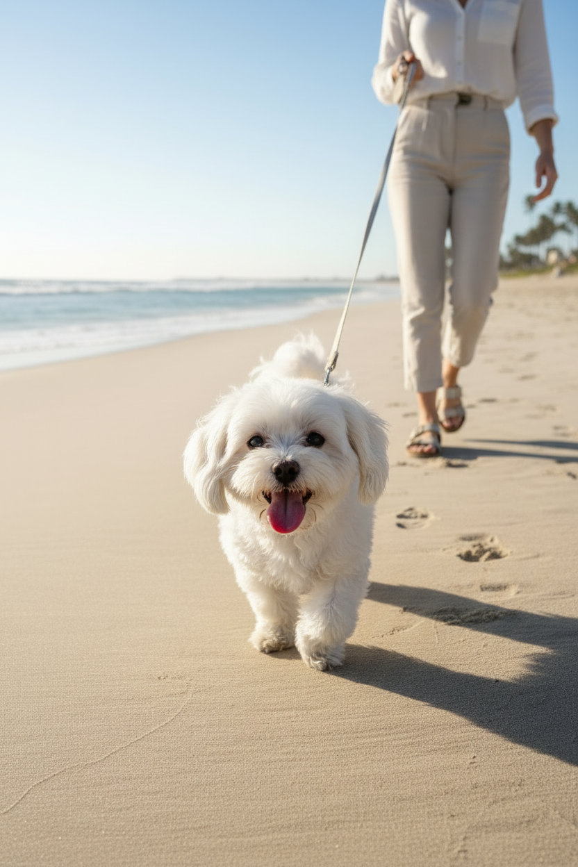 Active dog walking on the beach after daily wellness routine
