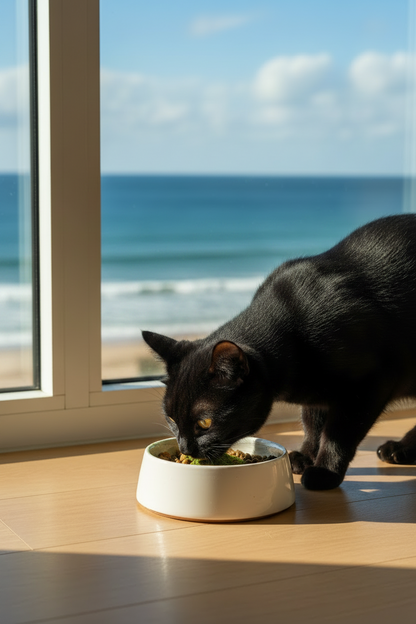 Cat enjoying Green-Lipped Mussel Meal Topper mixed with food
