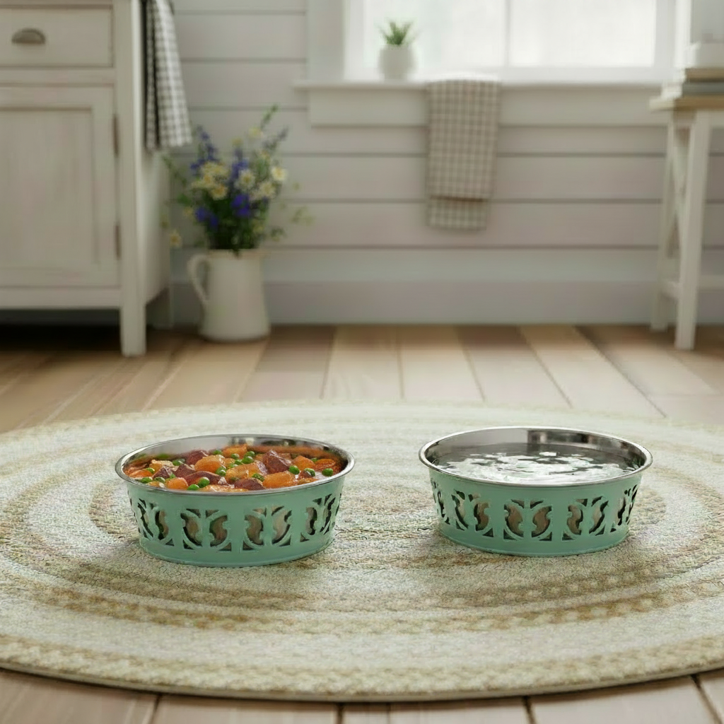Two Mint Green Farmhouse Dog Bowls arranged for food and water