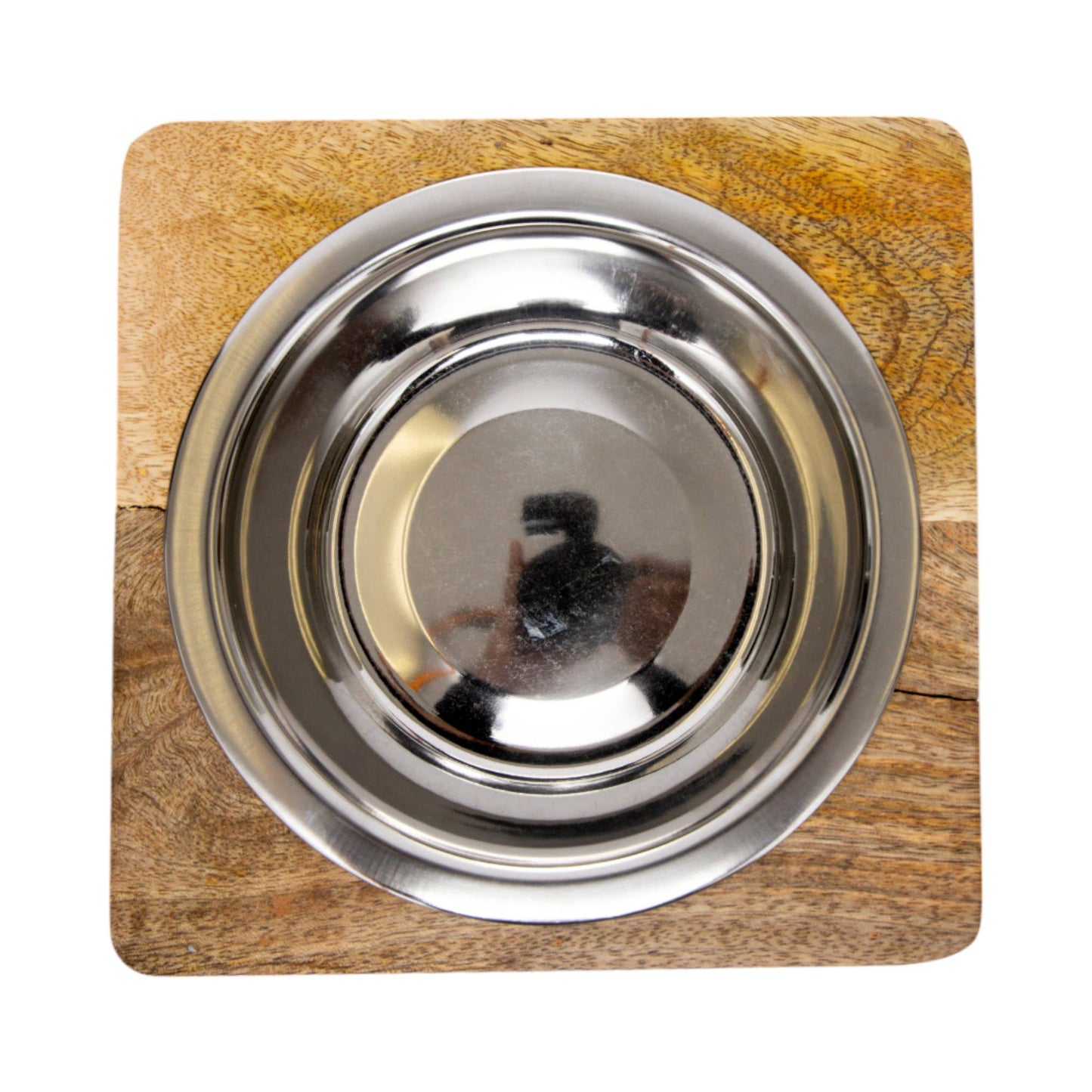 Stainless Steel Dog Bowl with Square Mango Wood Holder | 1 Quart