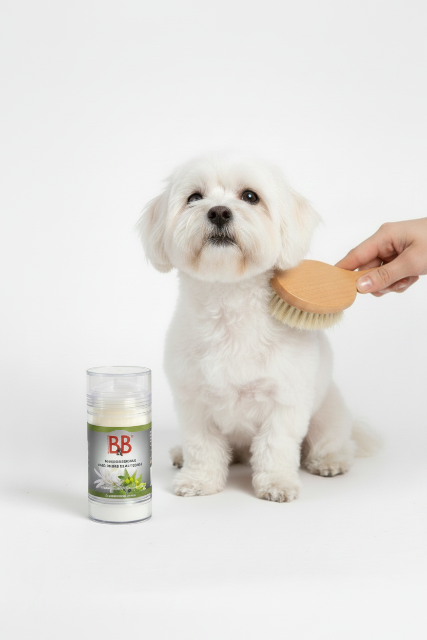 Brushing a white Maltese after grooming with B&B Chrysanthemum & Jojoba Shampoo Bar nearby.