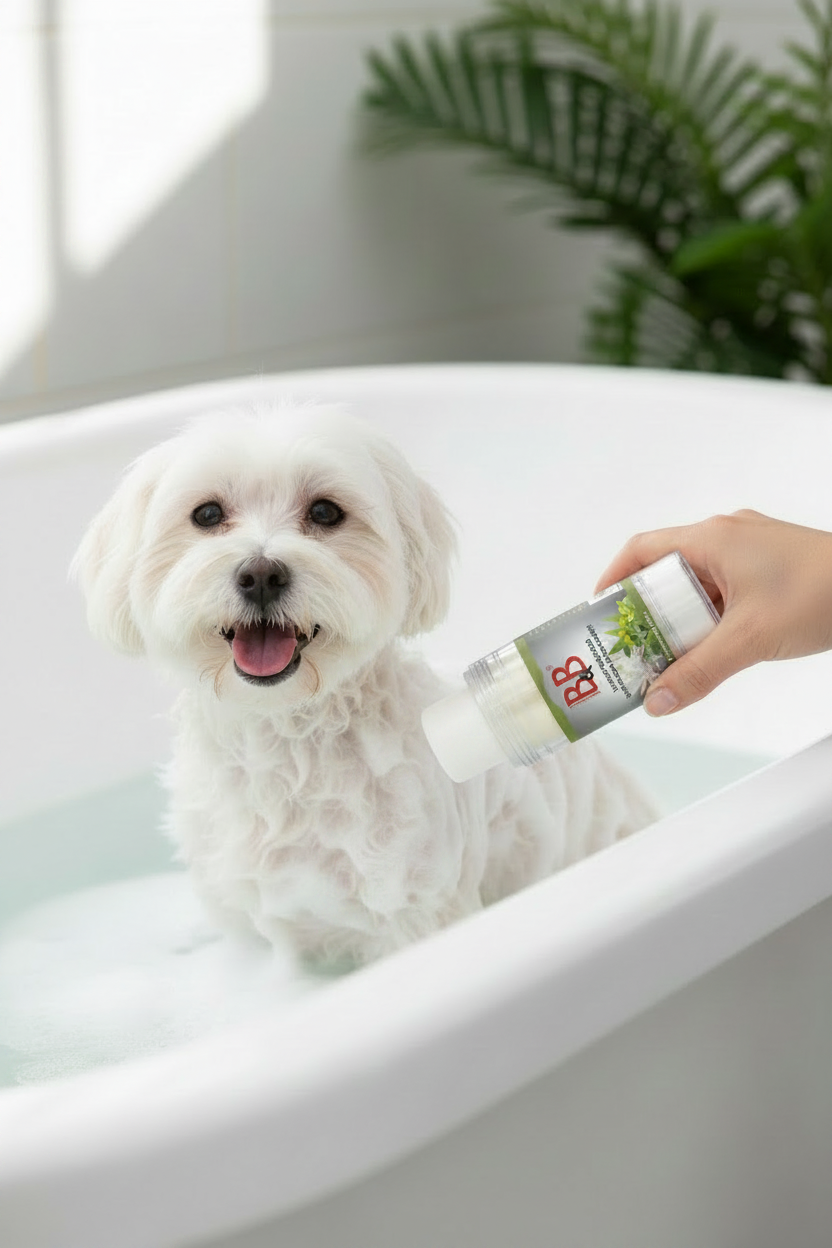 Applying B&B Chrysanthemum & Jojoba Shampoo Bar to a white Maltese during bath time.