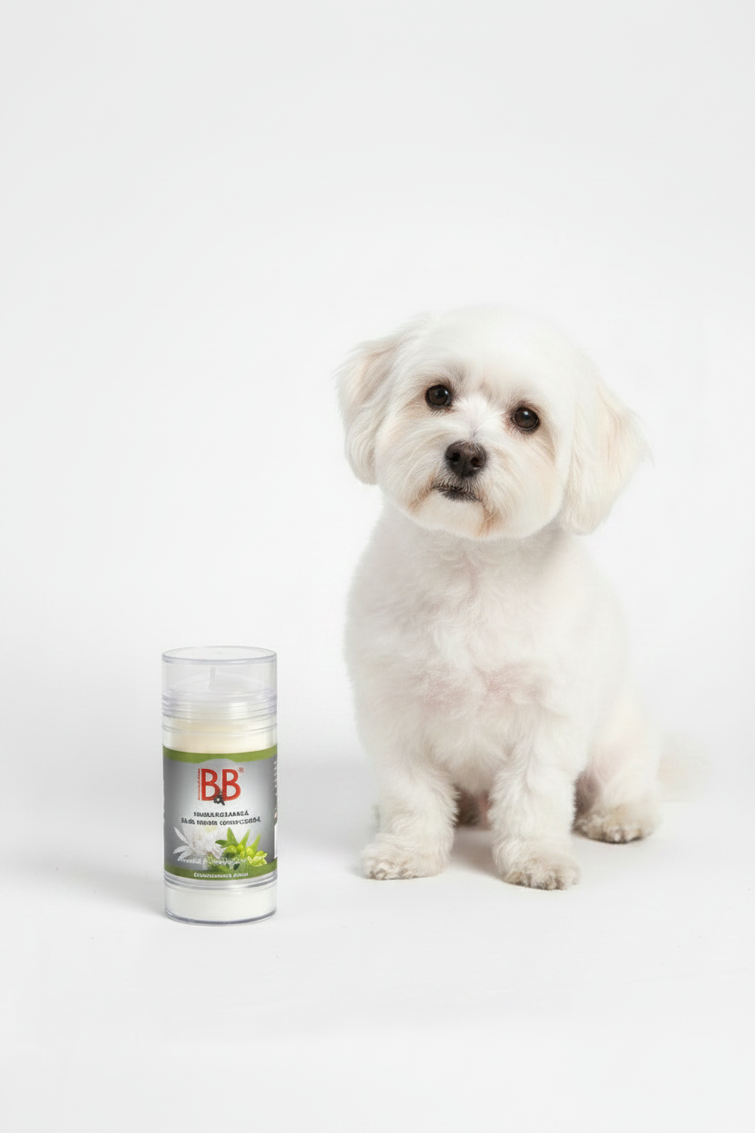 Freshly groomed white Maltese beside B&B Chrysanthemum & Jojoba Shampoo Bar.